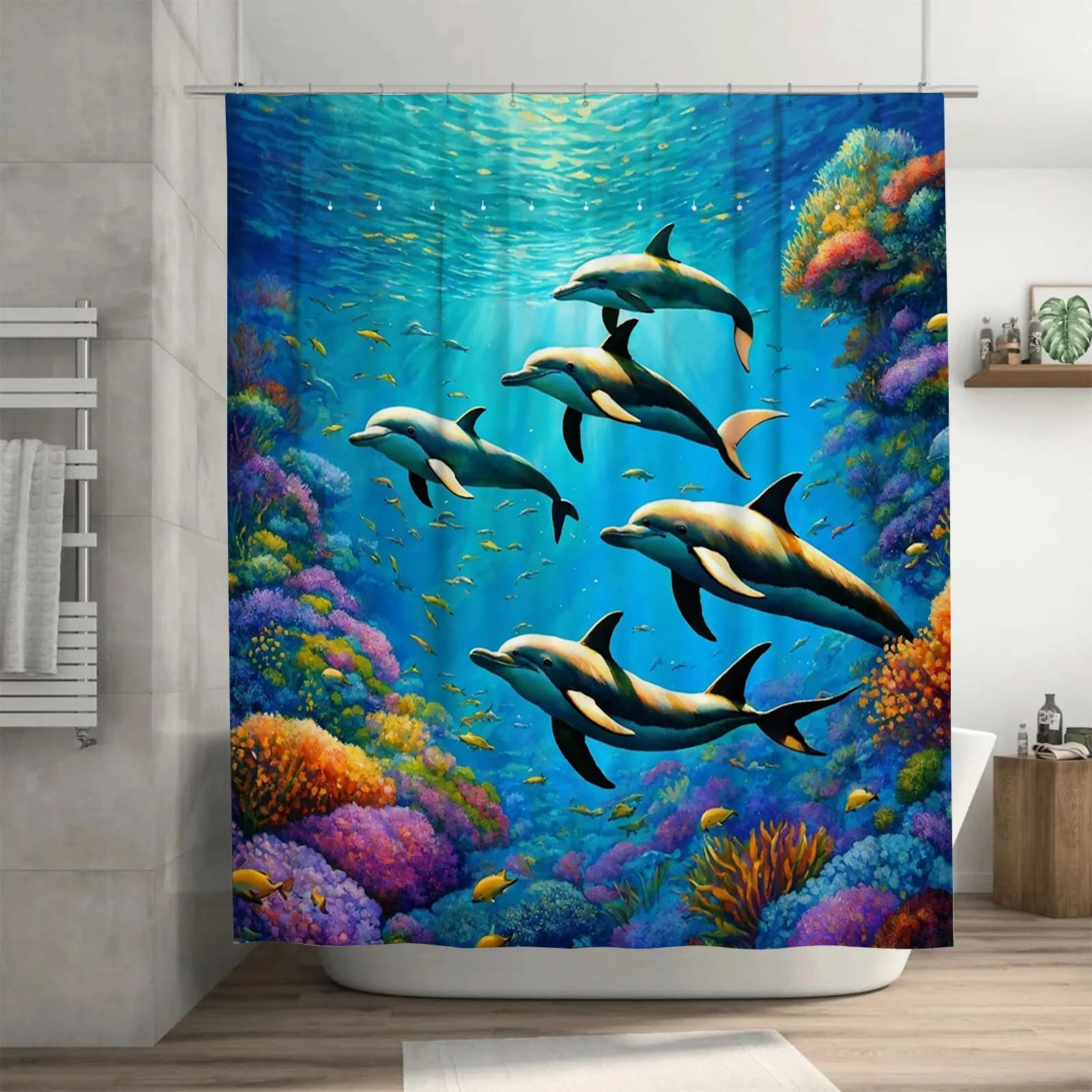 Vibrant Dolphin Pod Ocean Scene Tenda da doccia - Splendido design della vita marina per un divertimento, arredamento da bagno impermeabile