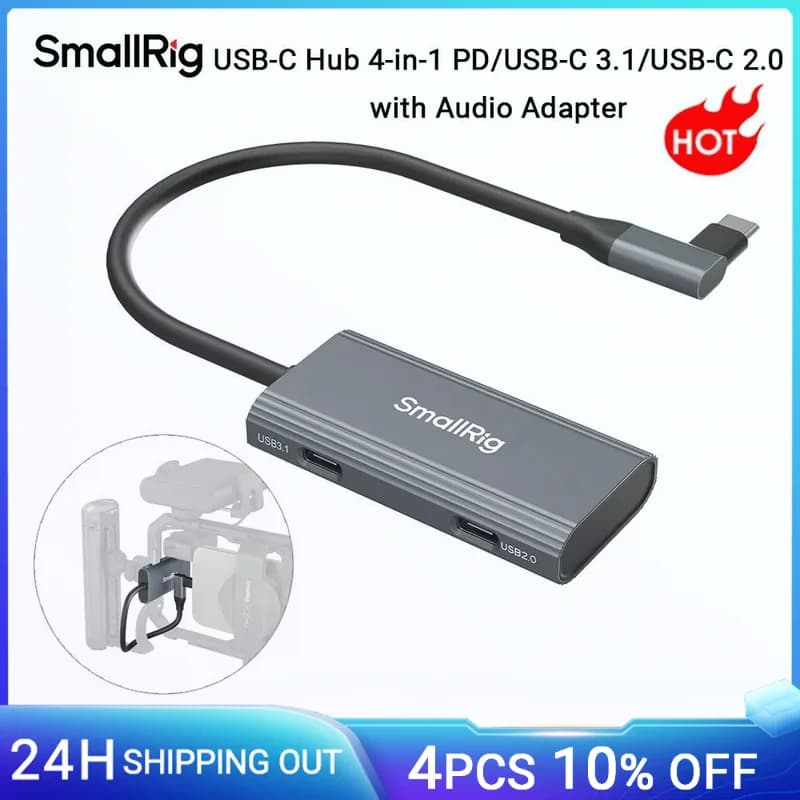 Hub USB-C SmallRig 4 in 1 PD/USB-C 3.1/USB-C 2.0 con adattatore audio, per riprese mobili di video ProRes a 4K 60fps -4598