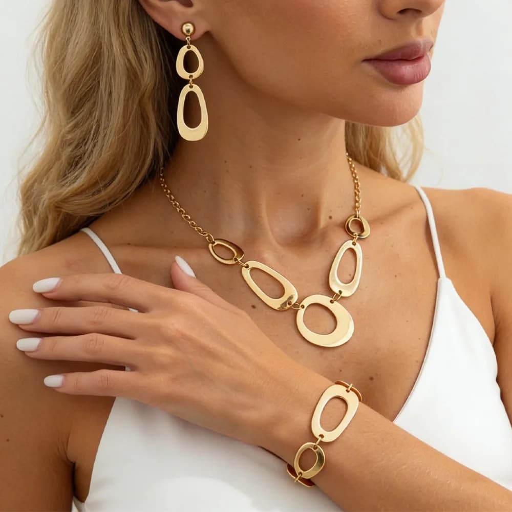Nuovo Set Creativo di Gioielli per Donna con Collana a Catena Oca a Forma di O, Bracciali e Orecchini in Metallo Irregolare, Idea Regalo