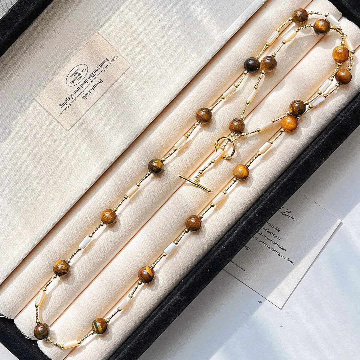 Tiger Eye & Mother of Pearl Choker, Natural Gemstone Beads with Shell Accent, High-End Minimalist Necklace for Her Gift