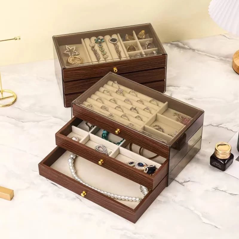 Portagioie in legno multistrato Finestra trasparente Anelli Collana Custodia per gioielli Organizzatore Bracciale Orecchini
