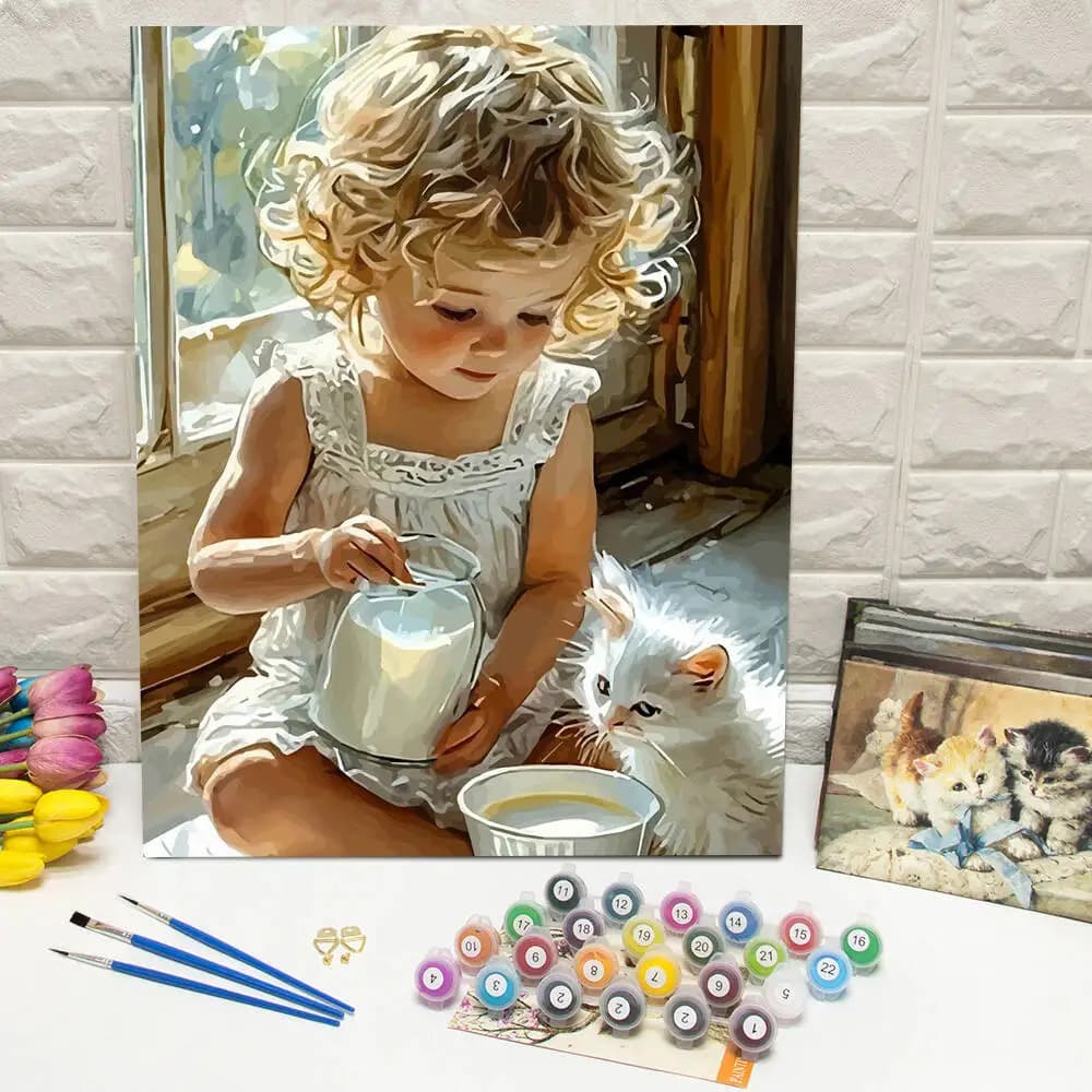 Digital Oil Painting Girl Milk Kitten Paint By Number Adult Kit Portrait DIY Painting By Numbers Kit Adults Cat Handpainted Gift