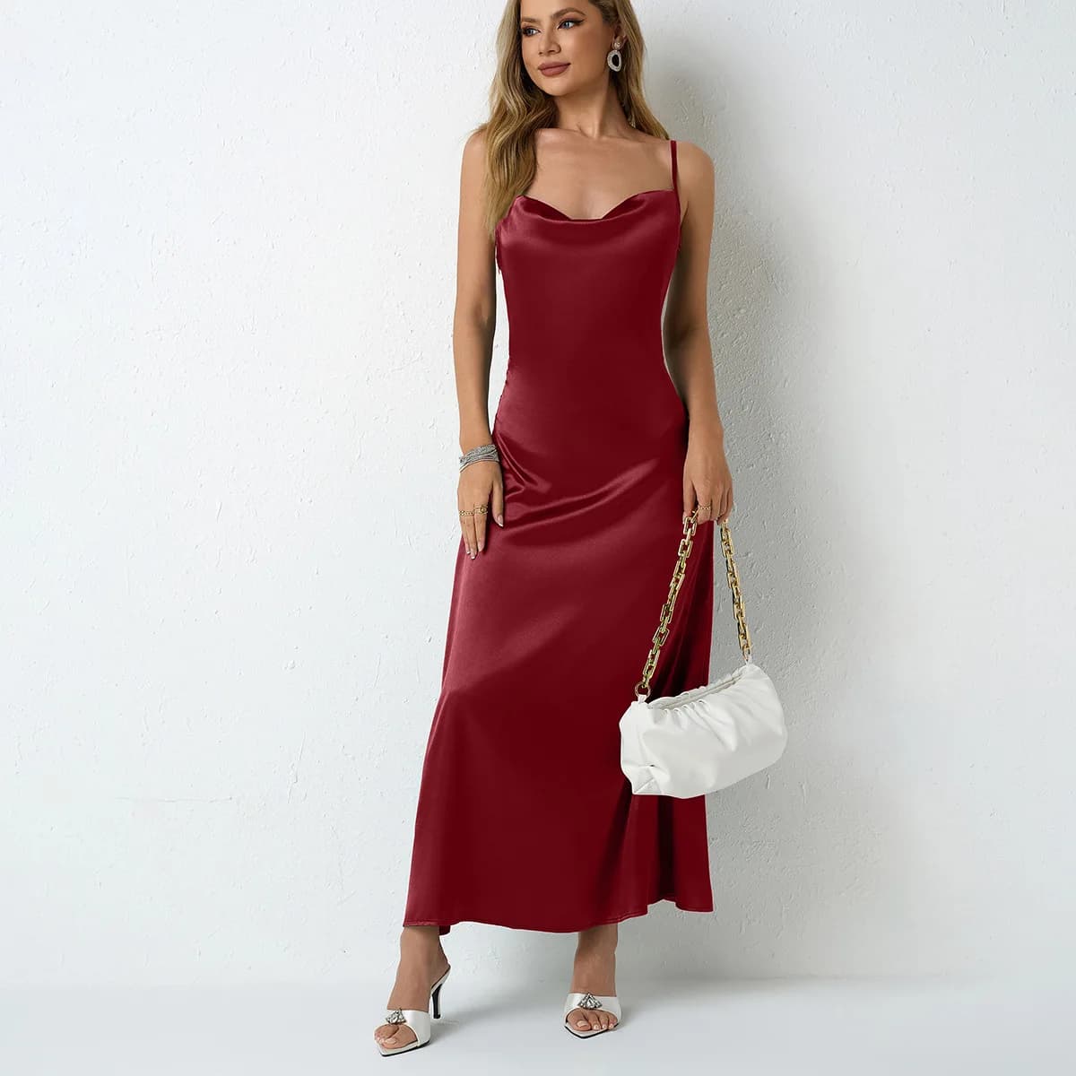 Nuovo abito in raso: gonna sottoveste senza maniche a pieghe in seta sintetica, abito da sera elegante da donna con finitura trasparente