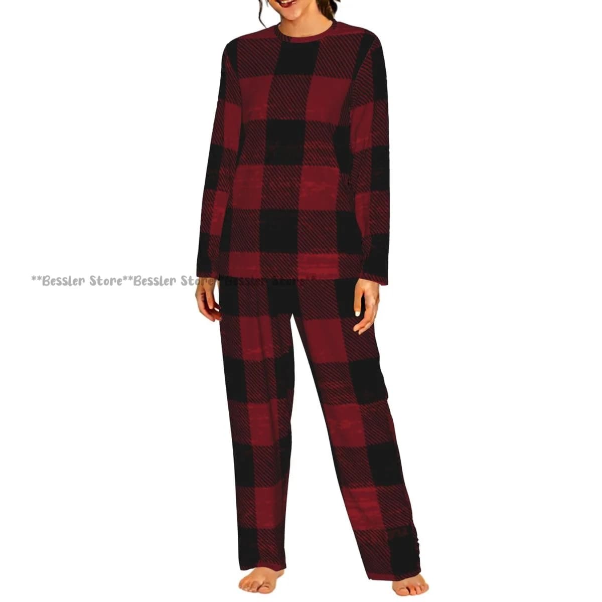 2 Piece Loungewear Women Pajama Sets Scratched Plaid Pattern Soft Homewear Sleepwear Long Sleeve Nightwear