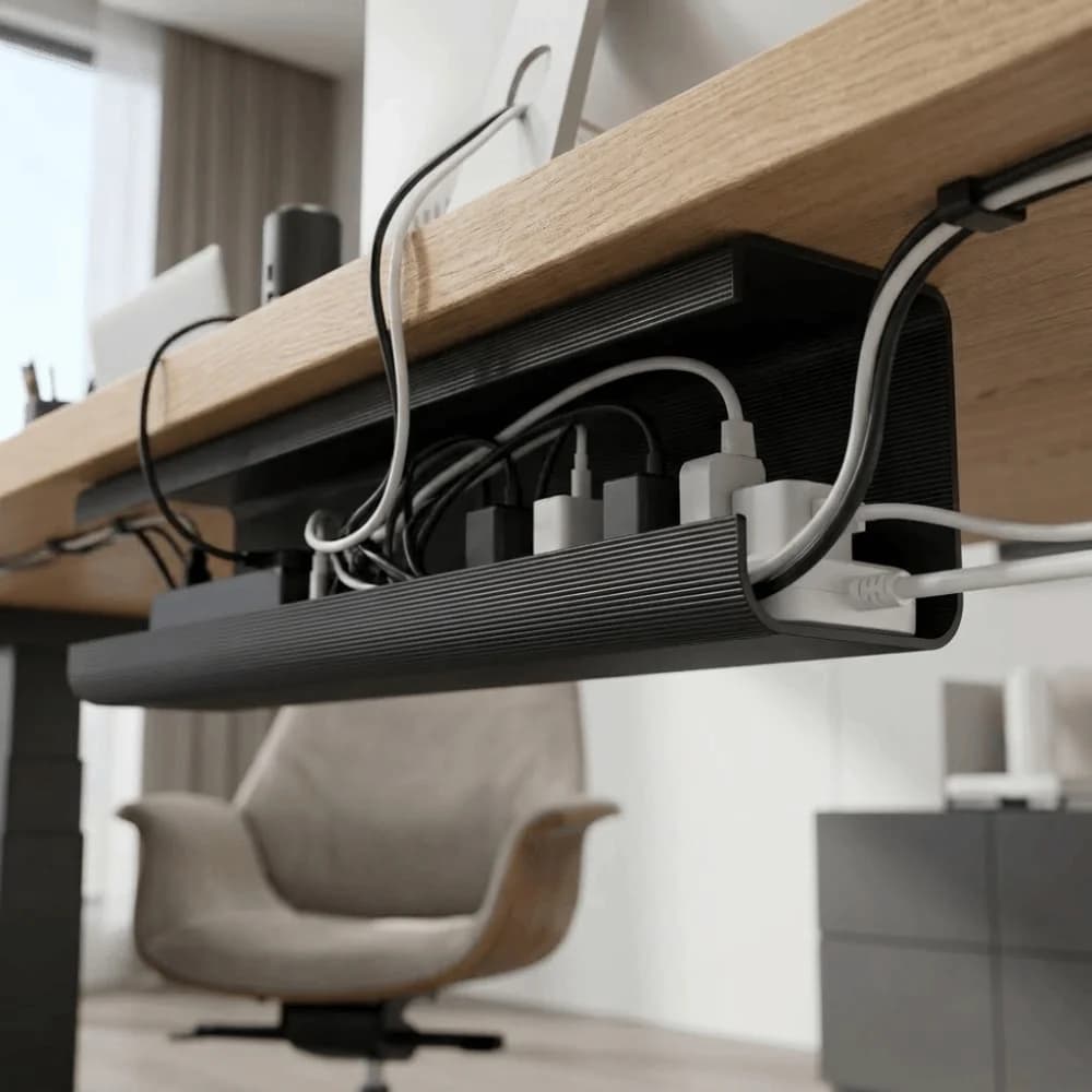 PVC Under Desk Cable Management Tray Adhesive Mount Easy Installation No Punch Cable Organizer Easy to Storage Large Capacity
