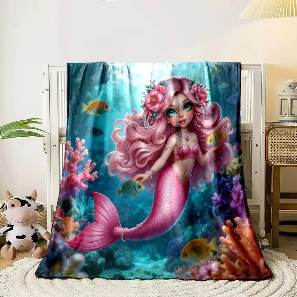Bella sirena rosa stampa coperta in flanella morbida e confortevole coperta da viaggio per la casa coperta calda per bambini selezione multi-dimensione da picnic