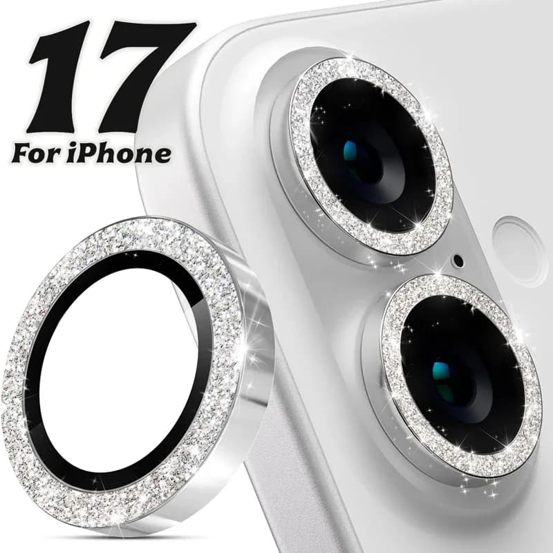 Metal Glitter Bling HD Glass Camera Lens Film Protective Cap For iPhone 17 Pro Max 17Air 16 15 Pro Max - Camera Protector Ring