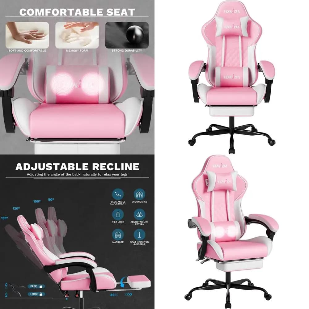 Sedia da Gaming Ergonomica Girevole con Altezza Regolabile, Supporto Lombare e Massaggio per Adulti