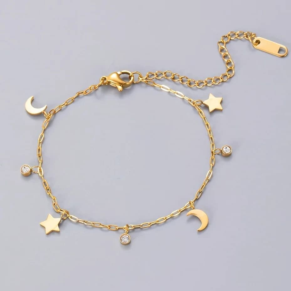 Star Moon Hip Hop Bracelet, Gold 304 Stainless Steel Adjustable Chain Bracelet Fashion Jewelry Bohemian, Birthday Valentine's Day Gift for Ladies!