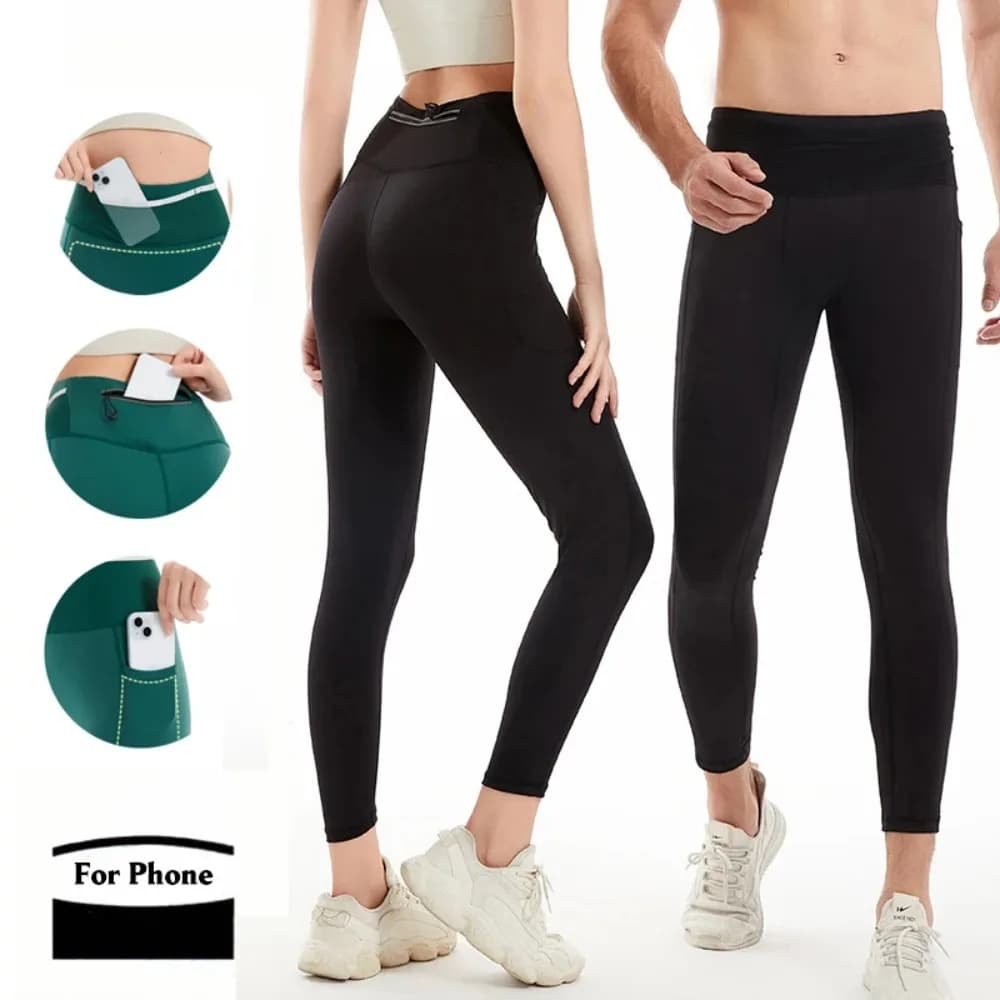 (S-XL) Pantaloni da corsa per maratona da uomo con 6 tasche Custodia per telefono Collant a compressione ad asciugatura rapida Leggings per jogging Ciclismo Fitness