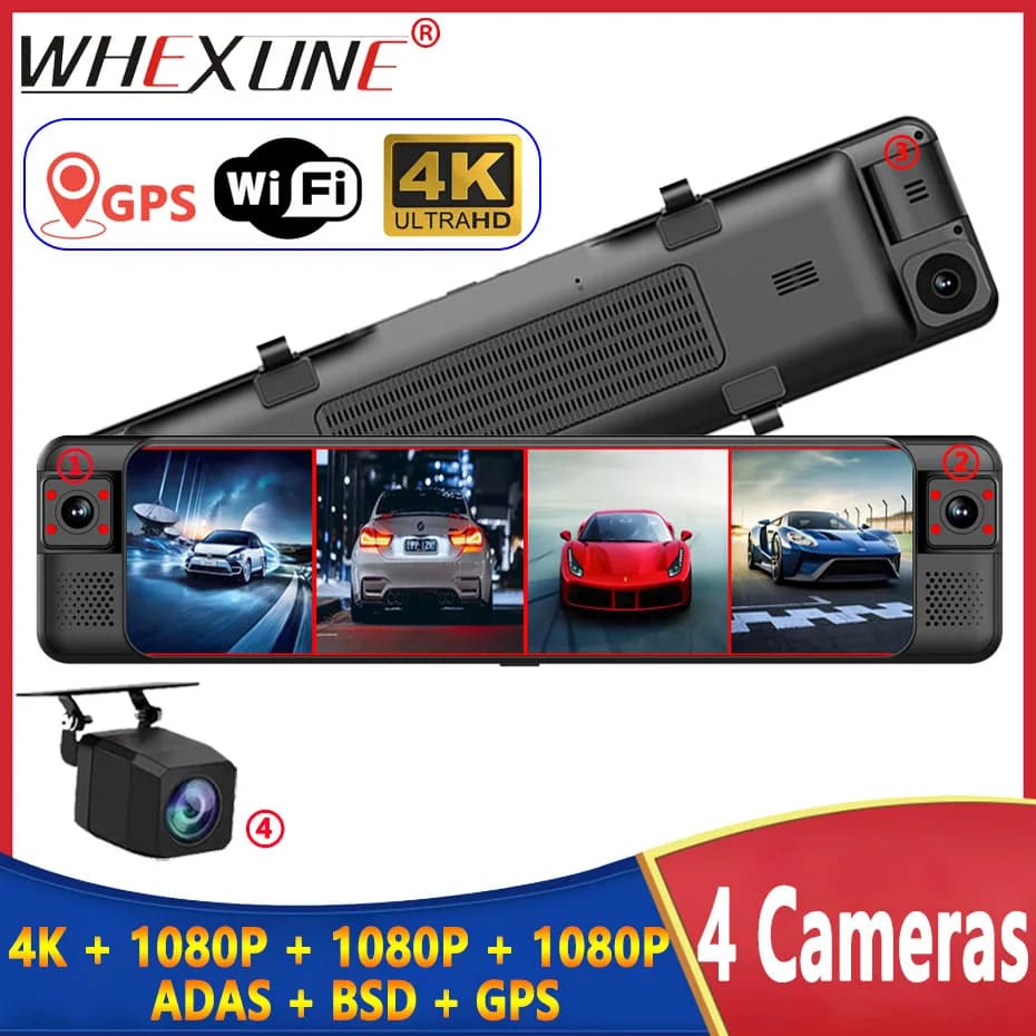4 Canali 360 ° Dash Cam 4K GPS con ADAS e BSD, Telecamera per Specchietto Retrovisore, Visione Notturna, Monitoraggio Parcheggio 24H, DVR Auto WiFi