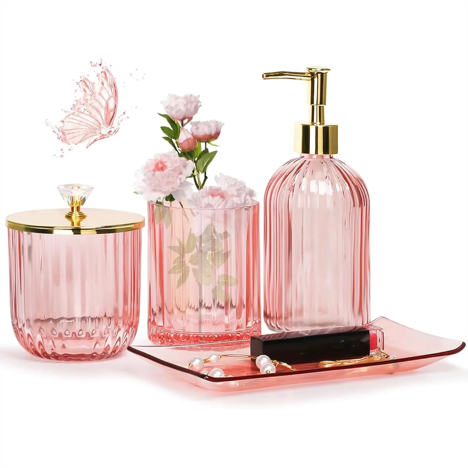 Set di Accessori per Bagno in Vetro 4 Pezzi, Dispenser Sapone Rosa, Porta Spazzolini, Porta Bastoncini, Vassoio per Dormitorio e Appartamento
