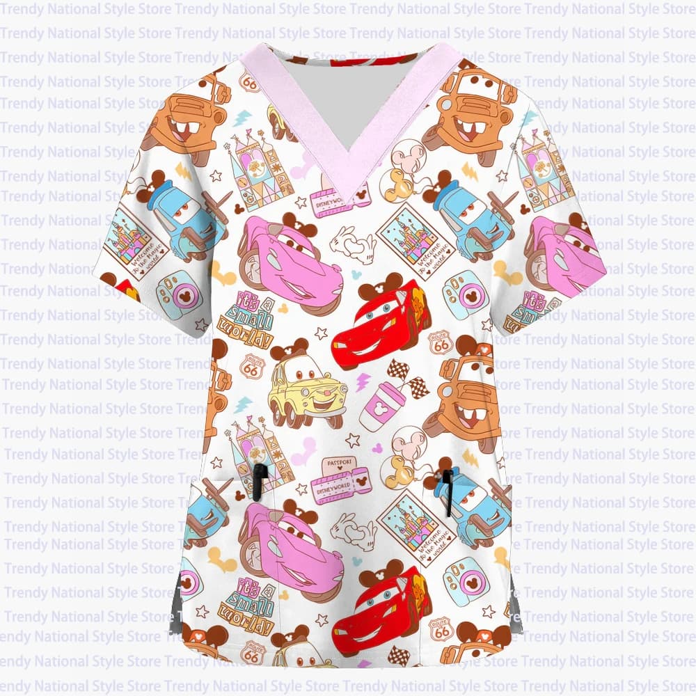 T-shirt da donna uniforme con scollo a V tasca manica corta smerigliata Top Disney Cars McQueen stampa infermiera salone di bellezza dentale negozio di animali