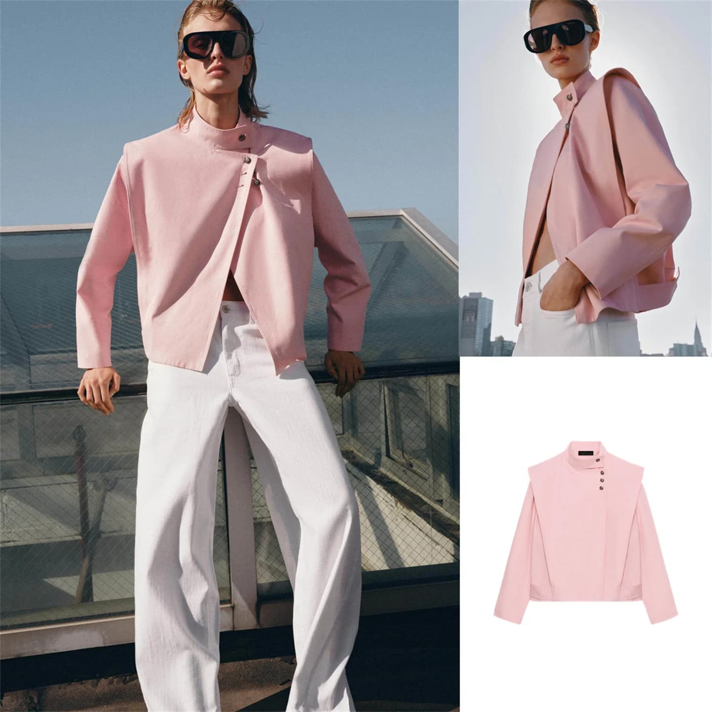 Elegant Fashionable Women's Long Sleeve Stand Collar Padded Shoulder Jacket Double Button Design New Summer Outerwear Coat