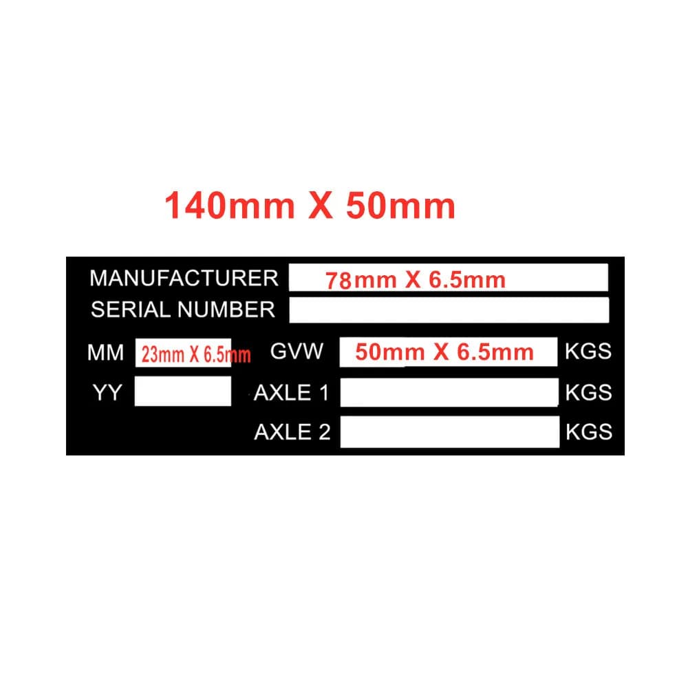Blank or engraved aluminium plate with VIN and frame weight 140mm x 50mm, identification number for motorcycles, caravans, campers, spare parts for recreational vehicles and camping