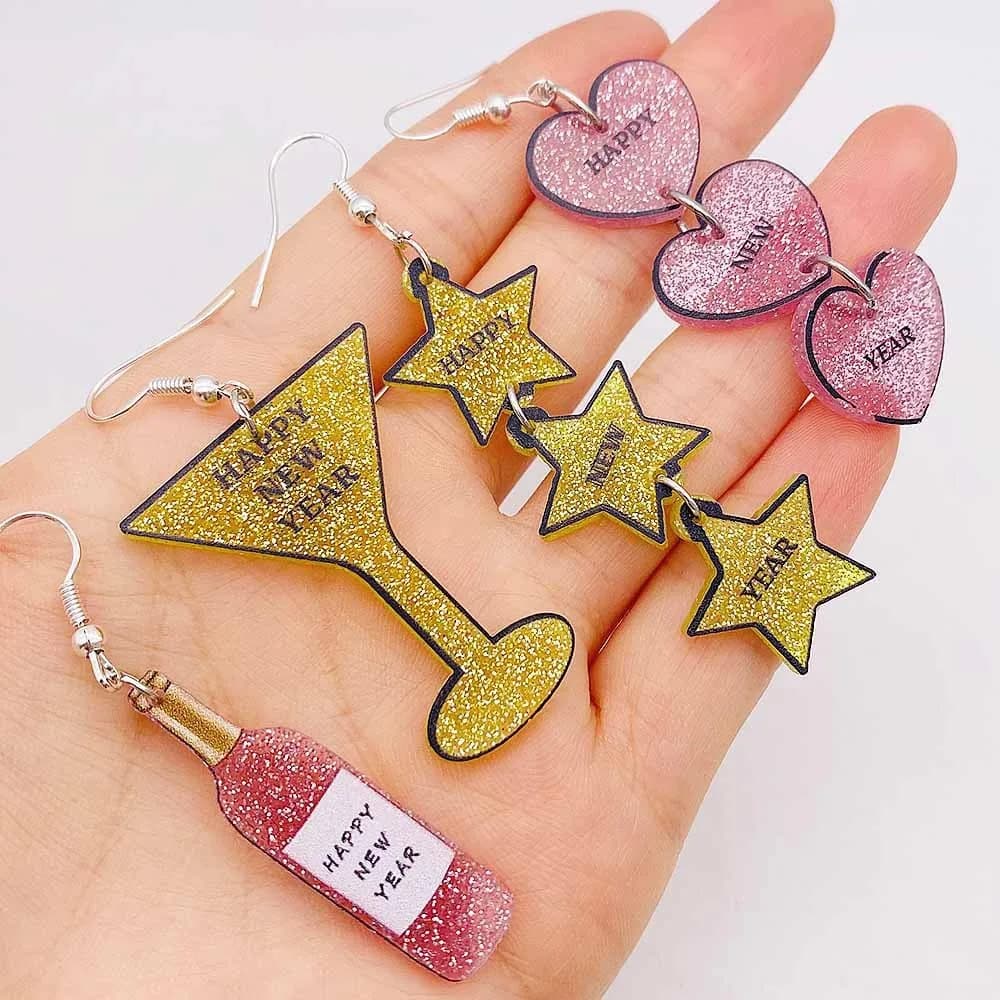 Orecchini in acrilico, stella a cinque punte, cuore a forma di pesca, polvere scintillante, calice da vino, ciondolo a incastro, gioielli all'ingrosso, a forma di cuore