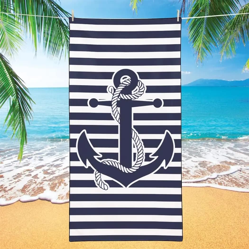 Telo Mare Ancora Nautica, Blu Navy a Righe Orizzontali in Microfibra ad Asciugatura Rapida e Anti-Sabbia per Viaggi, Nuoto, Piscina, Yoga
