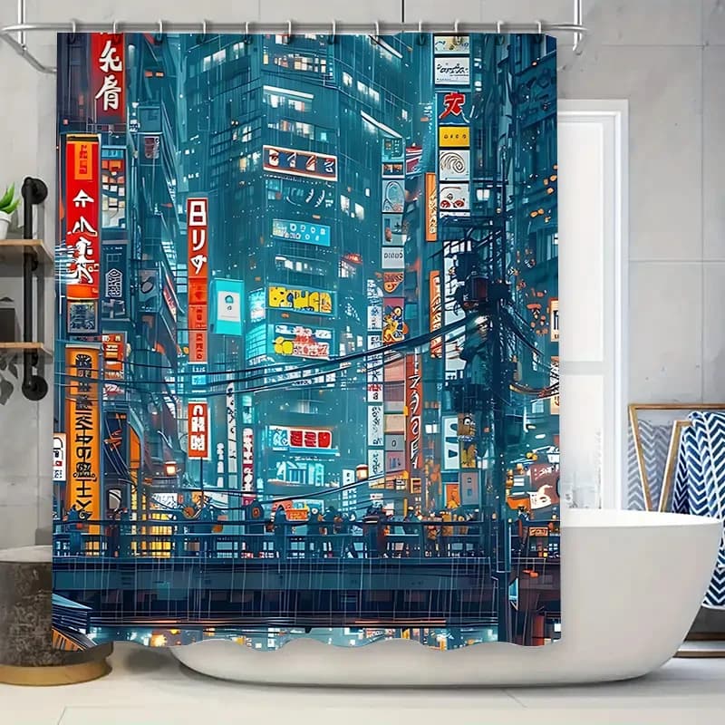 Tenda da doccia futuristica per paesaggi urbani - Luci al neon vibranti, arte urbana moderna, arredamento per il bagno impermeabile, facile da pulire, aumenta lo spazio