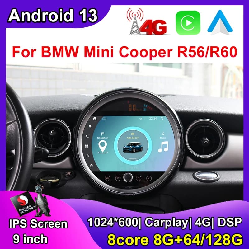 Aggiorna il sistema Android 13 Snapdragon Chip per BMW Mini Cooper R56 07-16 Autoradio Navigazione GPS Stereo Multimedia BT Audio