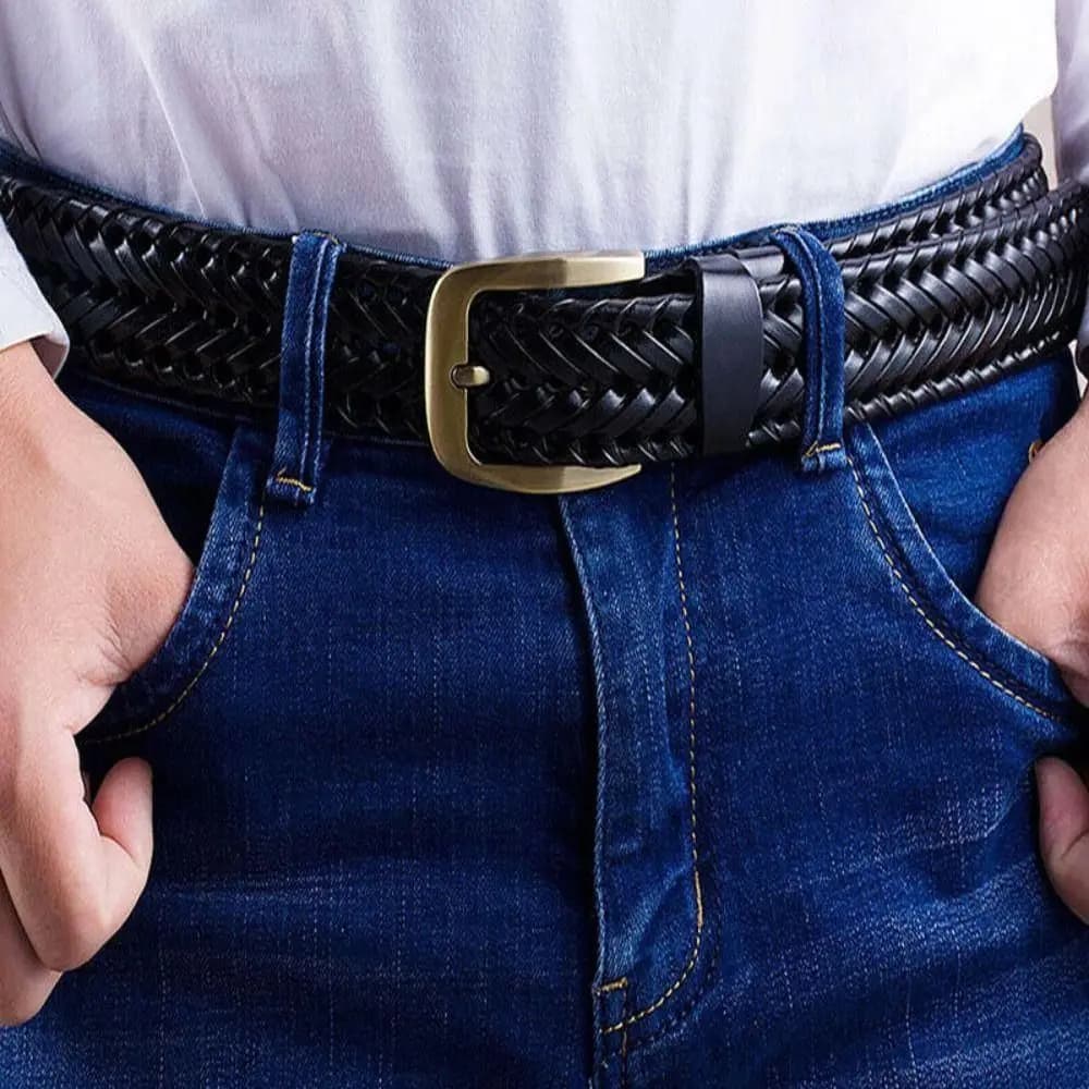 Fashion Alloy Men Weave Belt Wide Retro Male Genuine Leather Belt Brown Square Buckle Jeans Waistband Waist Seal