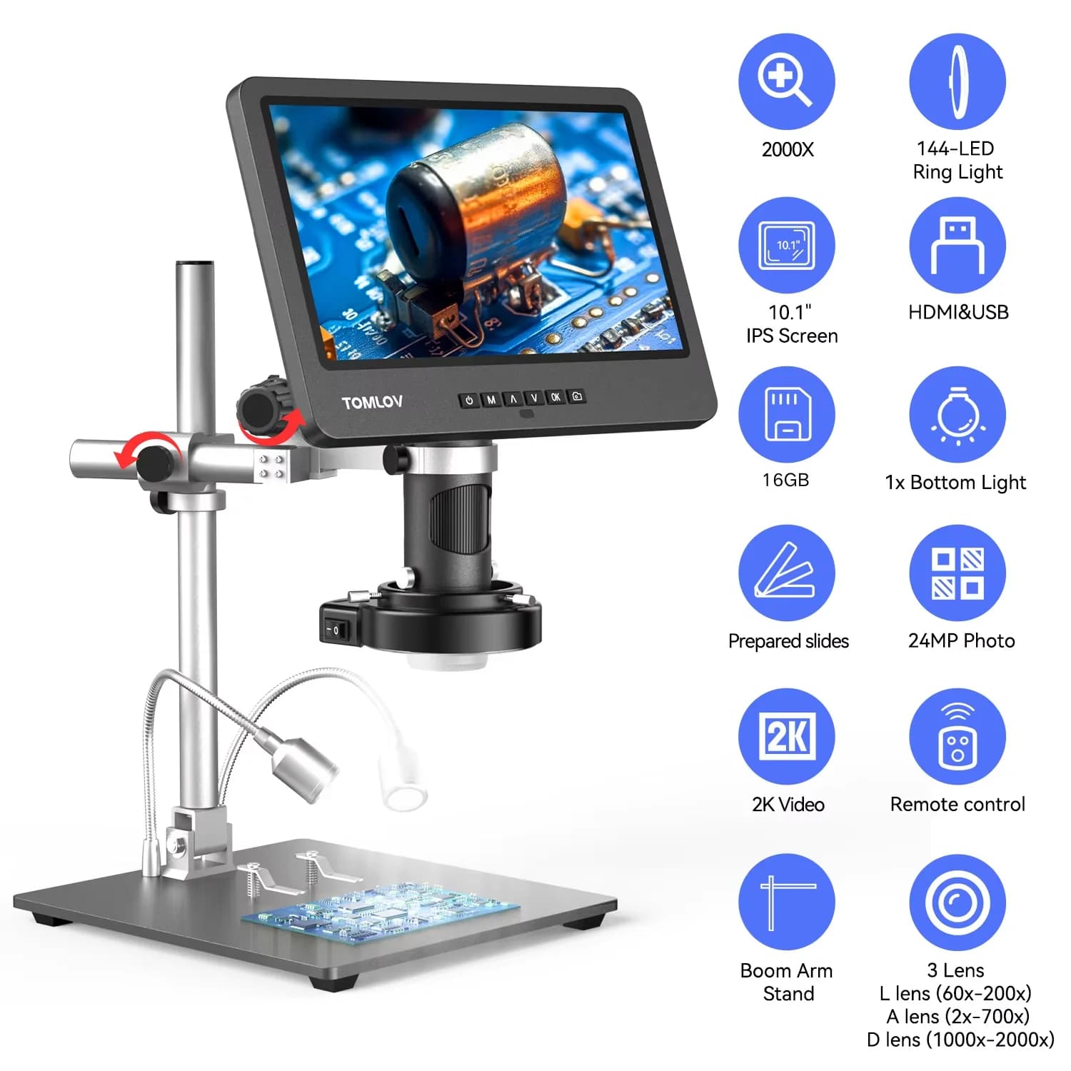 Tomov DM602 Pro Digital HDMI Microscope 2000X 3 Lens 10.1 pollici IPS LCD per PCB saldatura riparazione del telefono USB Microscopio Coin View