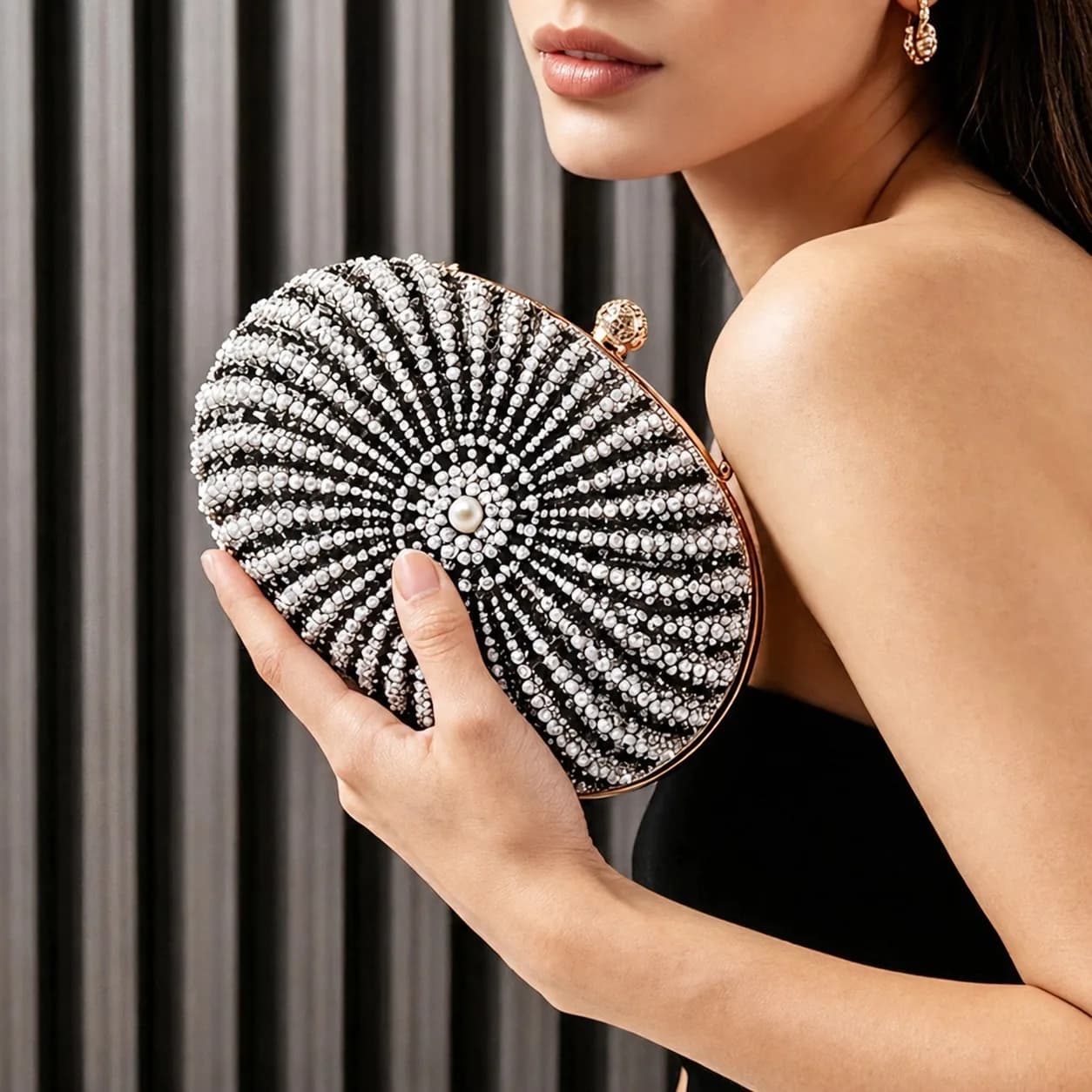 Oval Beaded Bag Pearl Evening Clutch Bag Round Braided Silver Top‑handle Handbag Detachable Chain Women's Shoulder Wallet