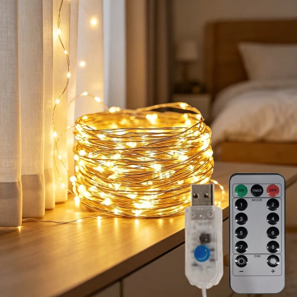 Luci a Filo USB con Telecomando, 8 Modalità LED, Ghirlanda Luminosa per Feste, Matrimoni, Albero di Natale, Decorazione Casa e Stanza