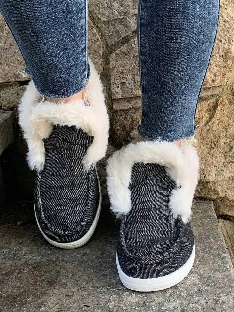 Mocassini Invernali da Donna in Finta Pelliccia Nera, Comodi con Punta Rotonda, Scarpe Casual