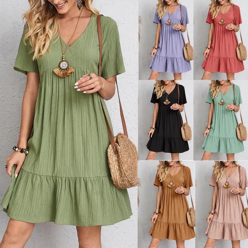 2026 Summer European American Women Amazon Loose Short Sleeve Flowy Maxi Dress Waist Tie Casual Elegant Vacation Ladies Dress