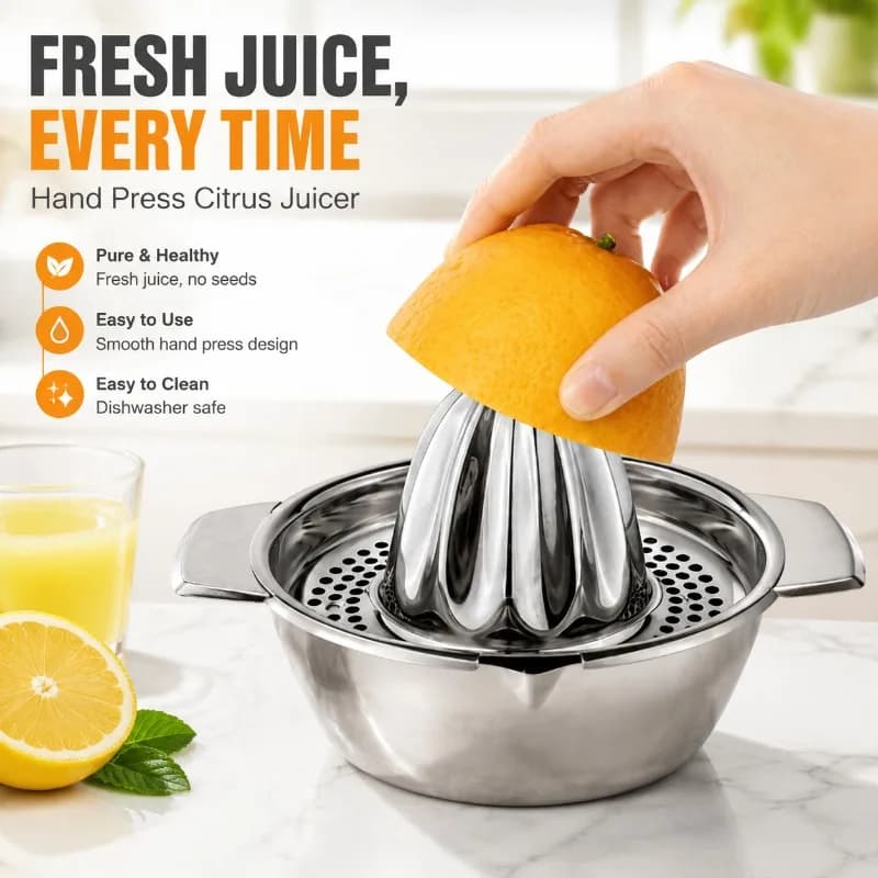 304 Stainless Steel Manual Citrus Juicer Mini Portable Press Tool for Home Orange and Lemon Squeezing Food-grade Metal Structure