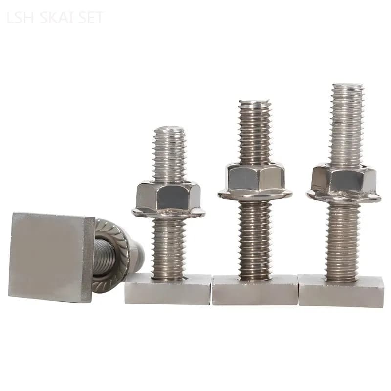 10PCS 304 Stainless Steel T-shaped Track Bolt and Nut Set Square Welded Screw Flange Nut Set Hardware Tool Fasteners