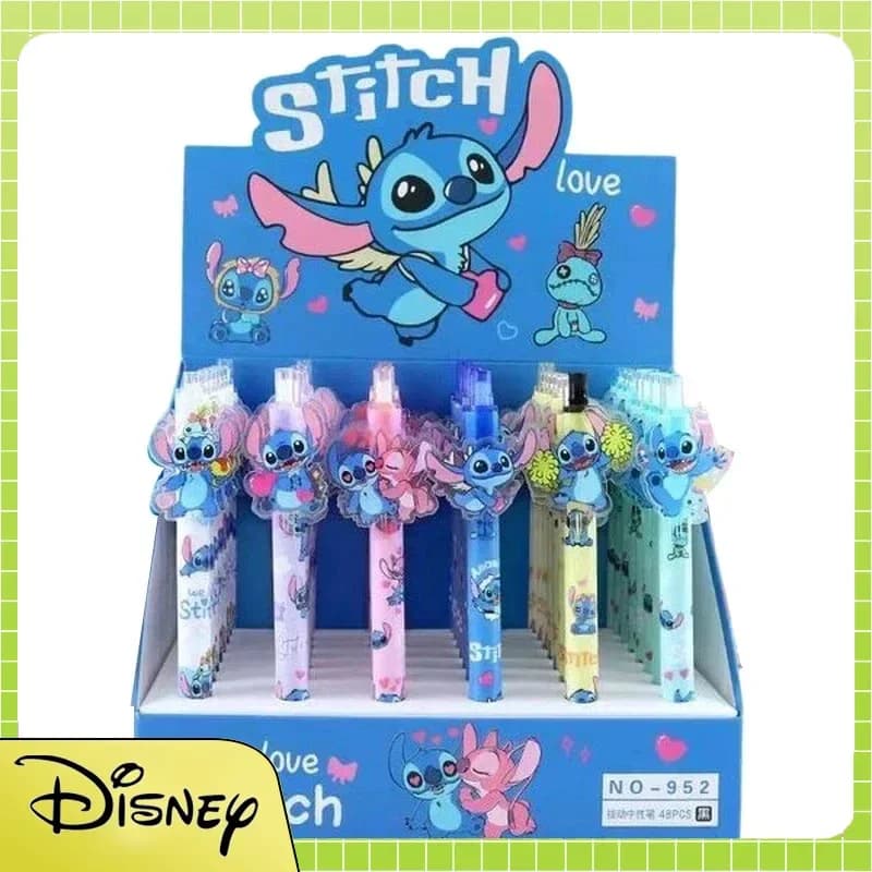 48 penne gel Disney Stitch, cartoleria nera da 0,5 mm, penna per firma per studenti, strumenti di scrittura, regalo di compleanno per bambini