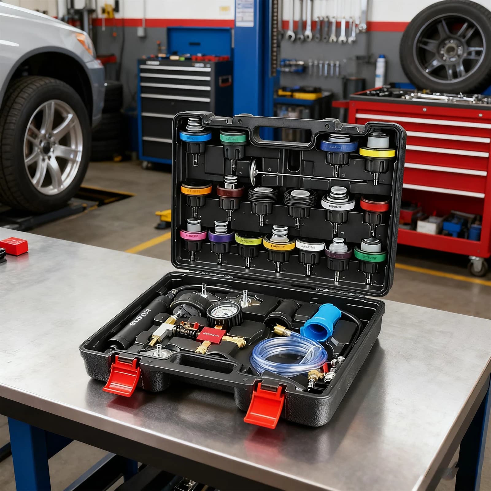 Tester di pressione del radiatore Kit di strumenti di ricarica per vuoto del liquido di raffreddamento universale da 28 pezzi Tester di perdite del radiatore per camion moto auto