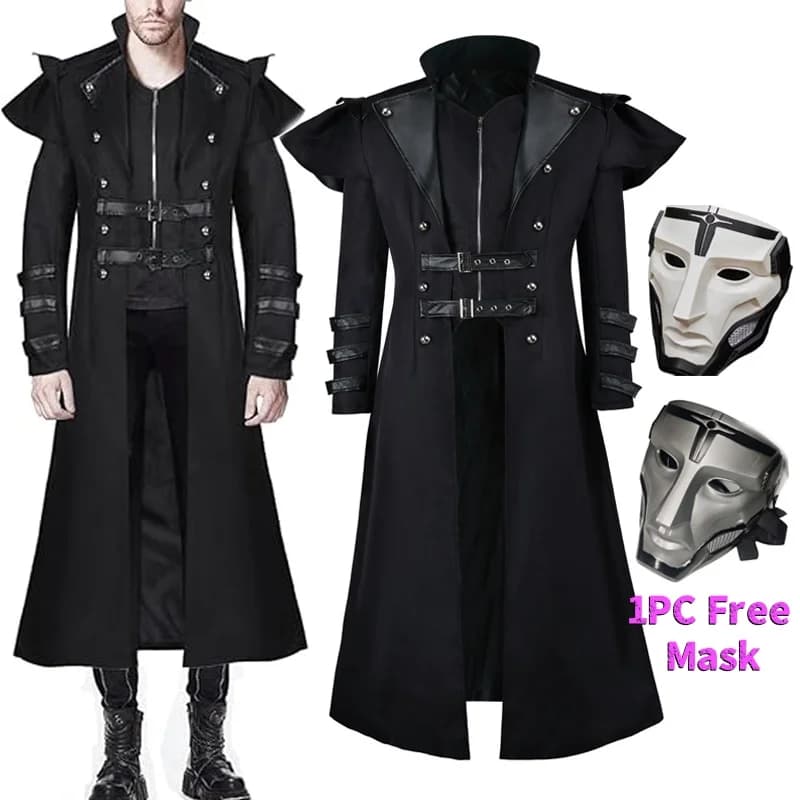 Cappotto Lungo da Uomo Stile Steampunk Gotico, Giacca Doppiopetto con Cerniera, Costume Medievale Punk Nero con Maschera Gratuita