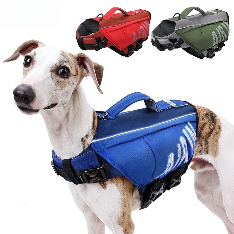 Giubbotto di salvataggio per cani con airbag e strisce riflettenti, giubbotto per cani regolabile per la sicurezza del nuoto, tessuto Oxford, S/M/L, rosso/esercito/blu