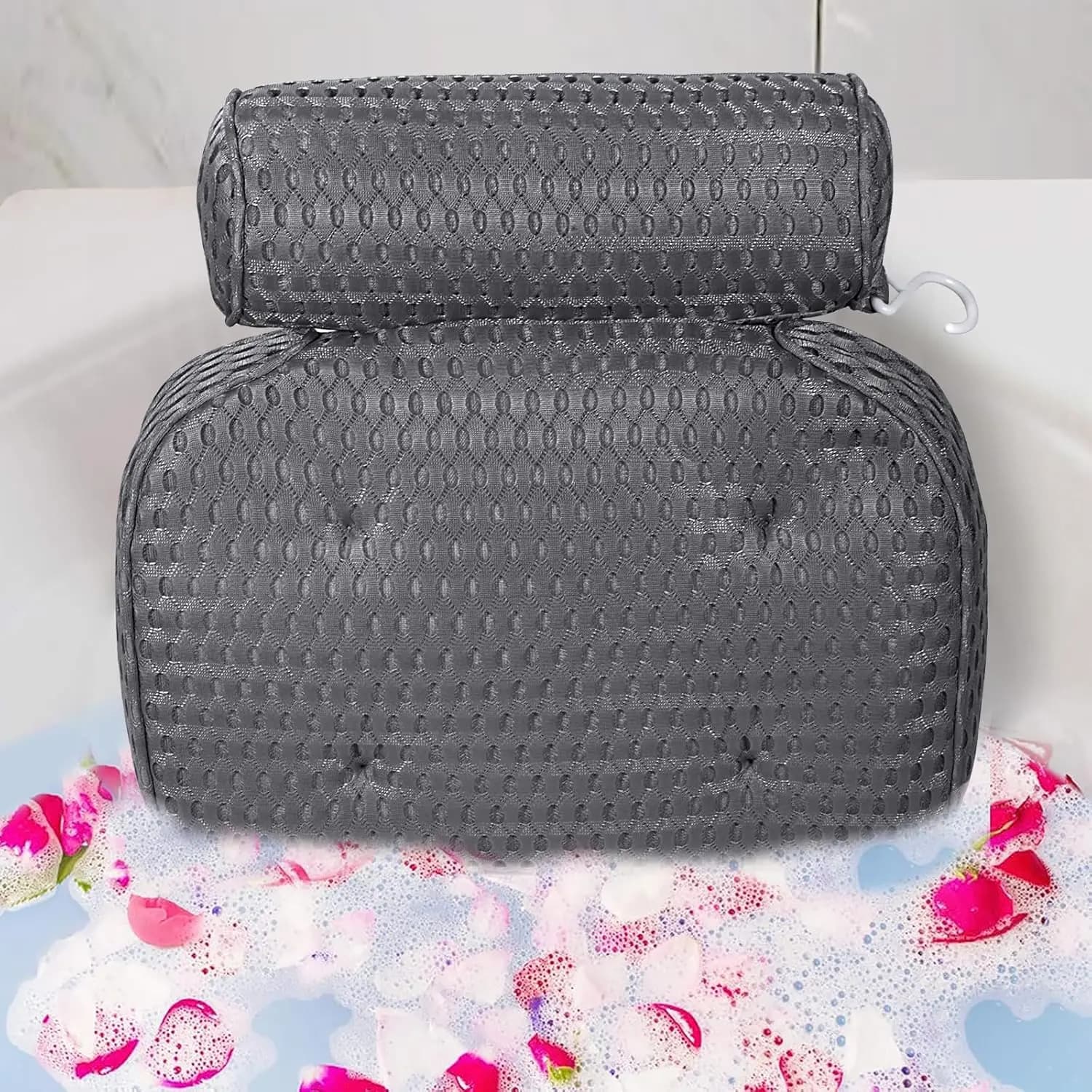 Comodo cuscino per vasca da bagno per supporto di collo e schiena, accessori da bagno grigi con ventose
