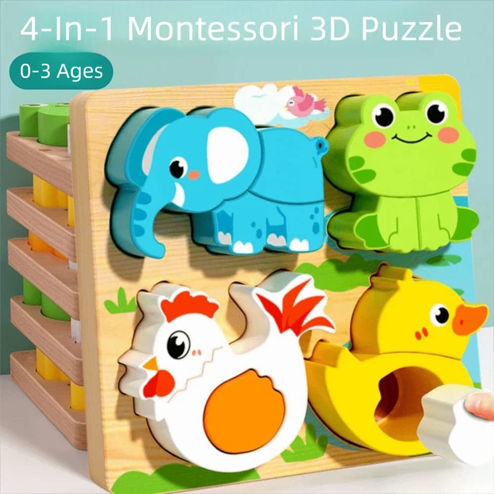 Puzzle di animali 3D 4 in 1 Personaggio cognitivo in legno Blocchi che cambiano il viso Gioco interattivo di abbinamento di forme fai-da-te Genitore bambino