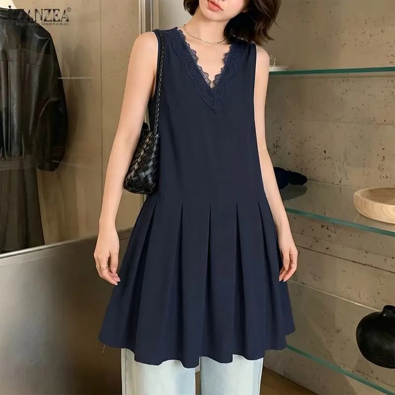 ZANZEA Summer Sleeveless Tops Women Blouses Lace Patchwork V Neck Pleated Blouse Streetwear OL Work Party Blusas Tops Tunic 3XL