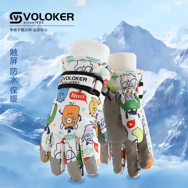 Children's winter warm ski gloves, touch-screen compatible, cartoon design, anti-slip, windproof, cold-resistant, suitable for c