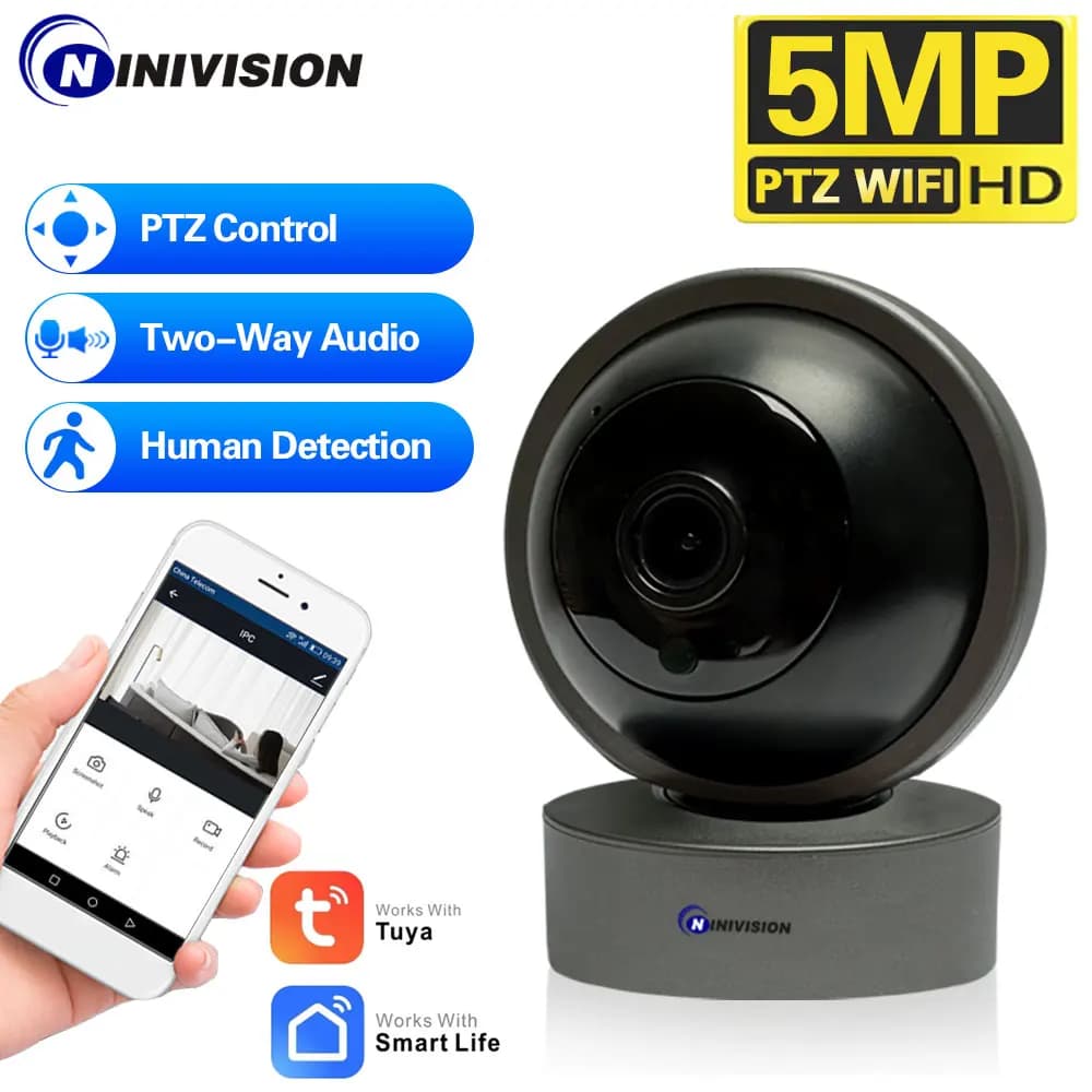 Tuya WIFI PTZ Telecamera 5MP Nero Baby Monitor da interno Smart Home Wireless Visione notturna P2P Sicurezza Video Sorveglianza Telecamera IP 2K