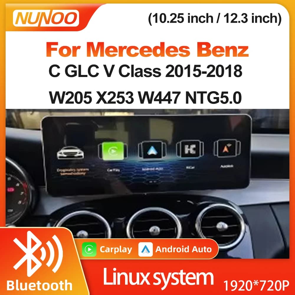 Sistema multimediale con schermo Linux NTG5.0 per Mercedes Benz Classe C GLC V 2015-2018 W205 X253 W447, CarPlay wireless e Android Auto.