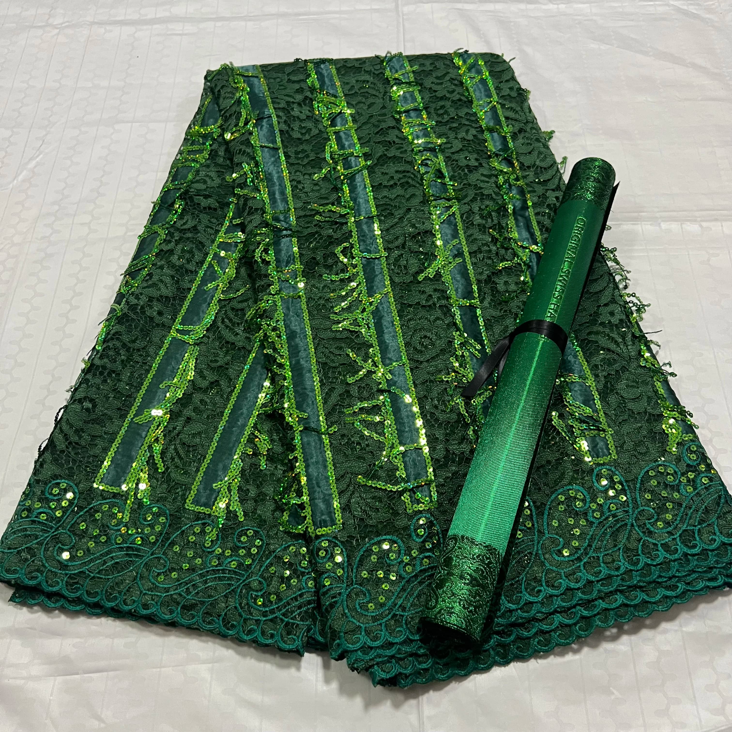 Luxury Fashion 5 Yards Guipure French Lace Fabric Sequins Embroidery With 3D Sego Hayes Headtie Wrap 2Pcs - Lace Material