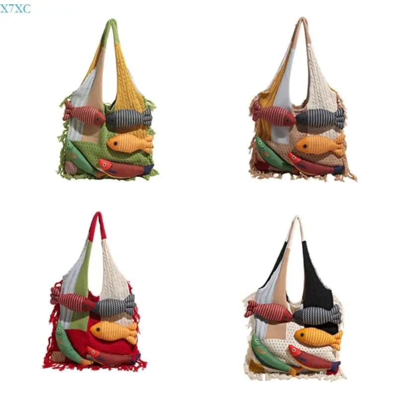 X7XC Borsa a mano in maglia a tema pesce contemporaneo per donne professioniste Spazioso scomparto in tessuto Casual Occasioni