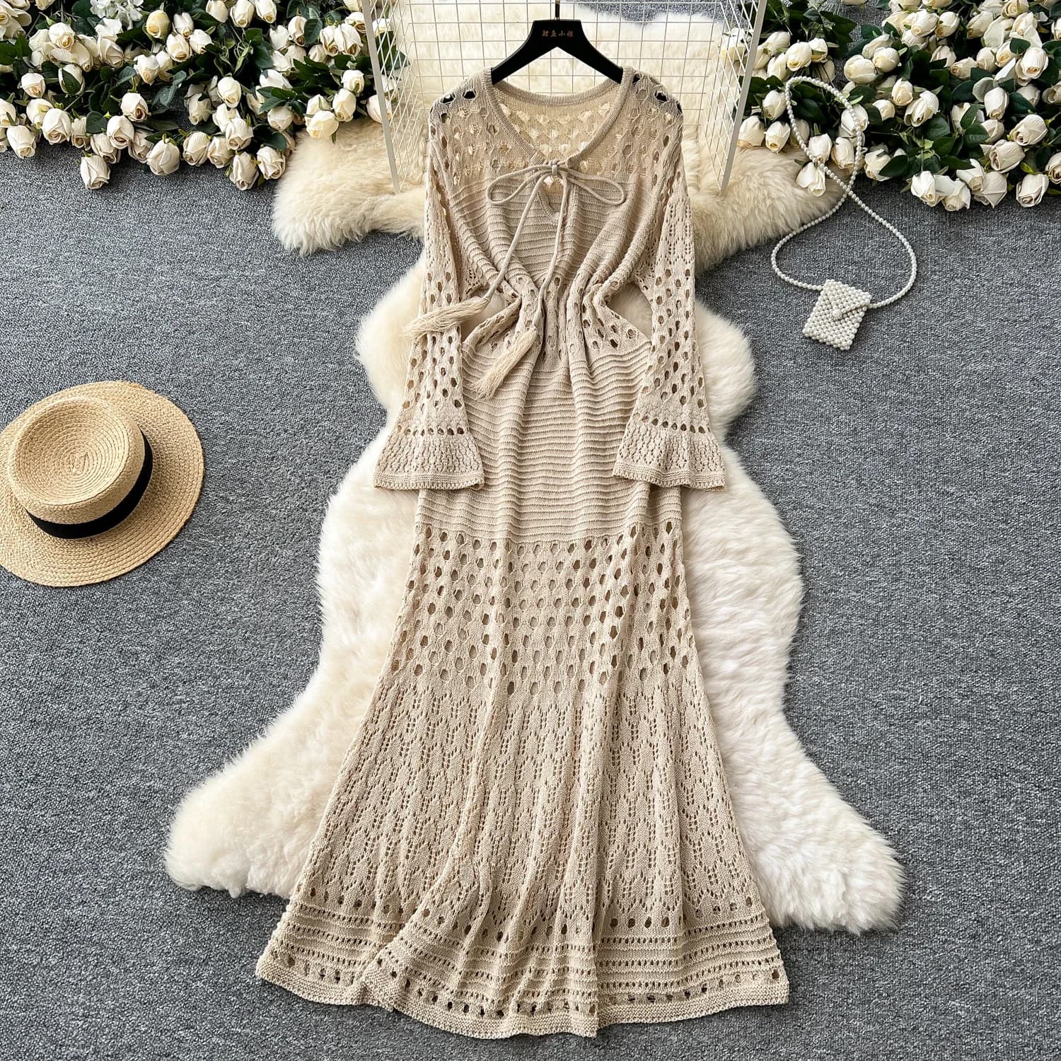 Chic Hook flower hollow flare sleeve Women Vintage Slim Knitted Dress Korean Two Piece Set Elegant Elastic Clothing