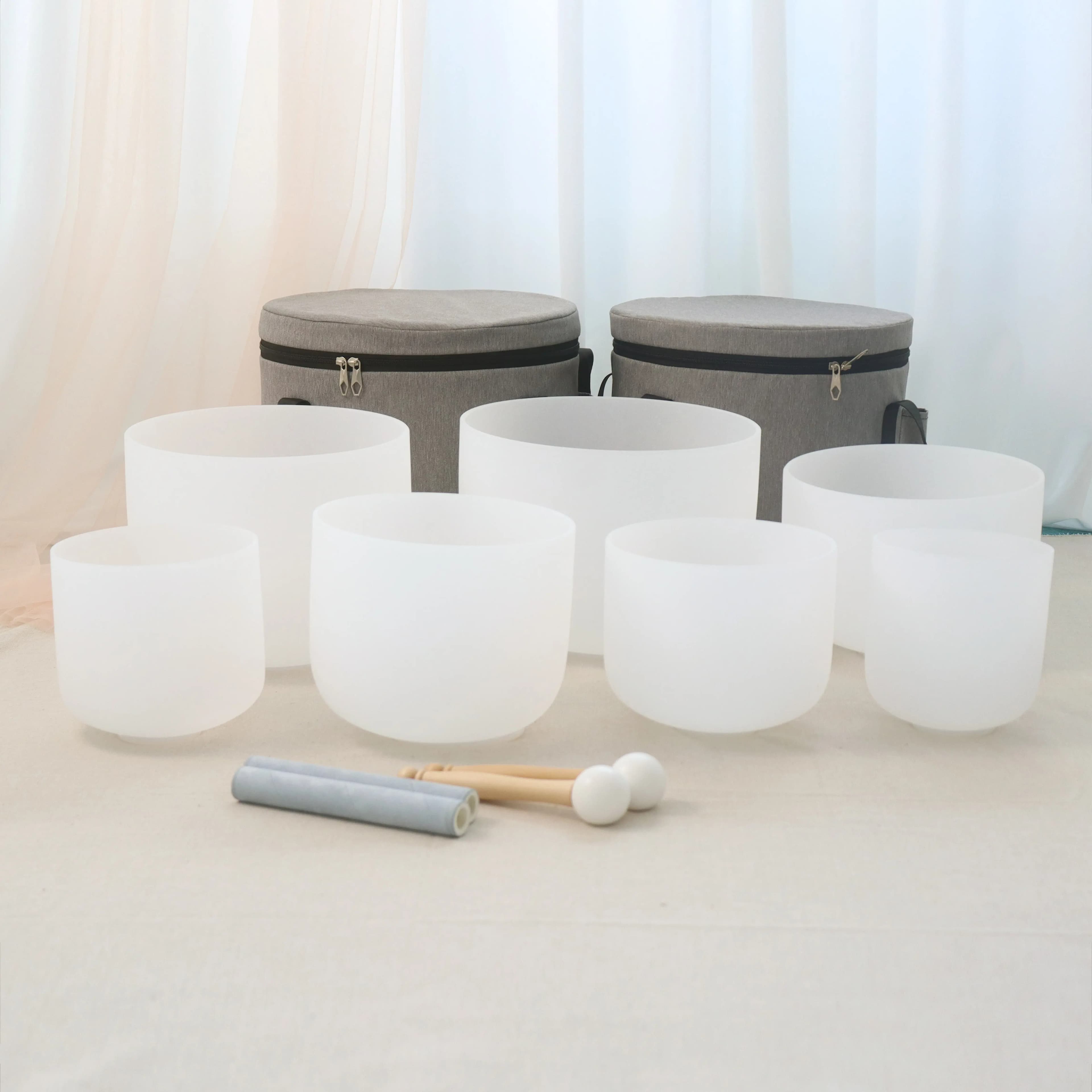 ZHQH White Frosted Quartz Crystal Singing Bowl Set 6" to 12" Crystal Bowls Made With 99.99% Pure Quartz Sound Instrument