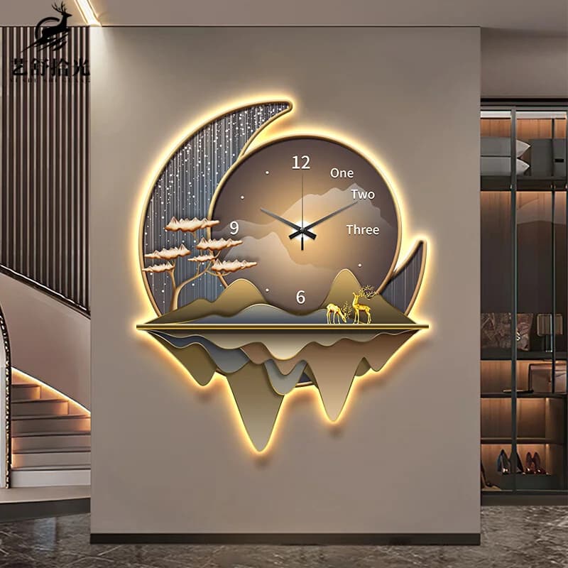 Orologio da parete di lusso silenzioso con illuminazione decorativa Arte astratta moderna per sala da pranzo Decorazione da parete per soggiorno Non ticchettio