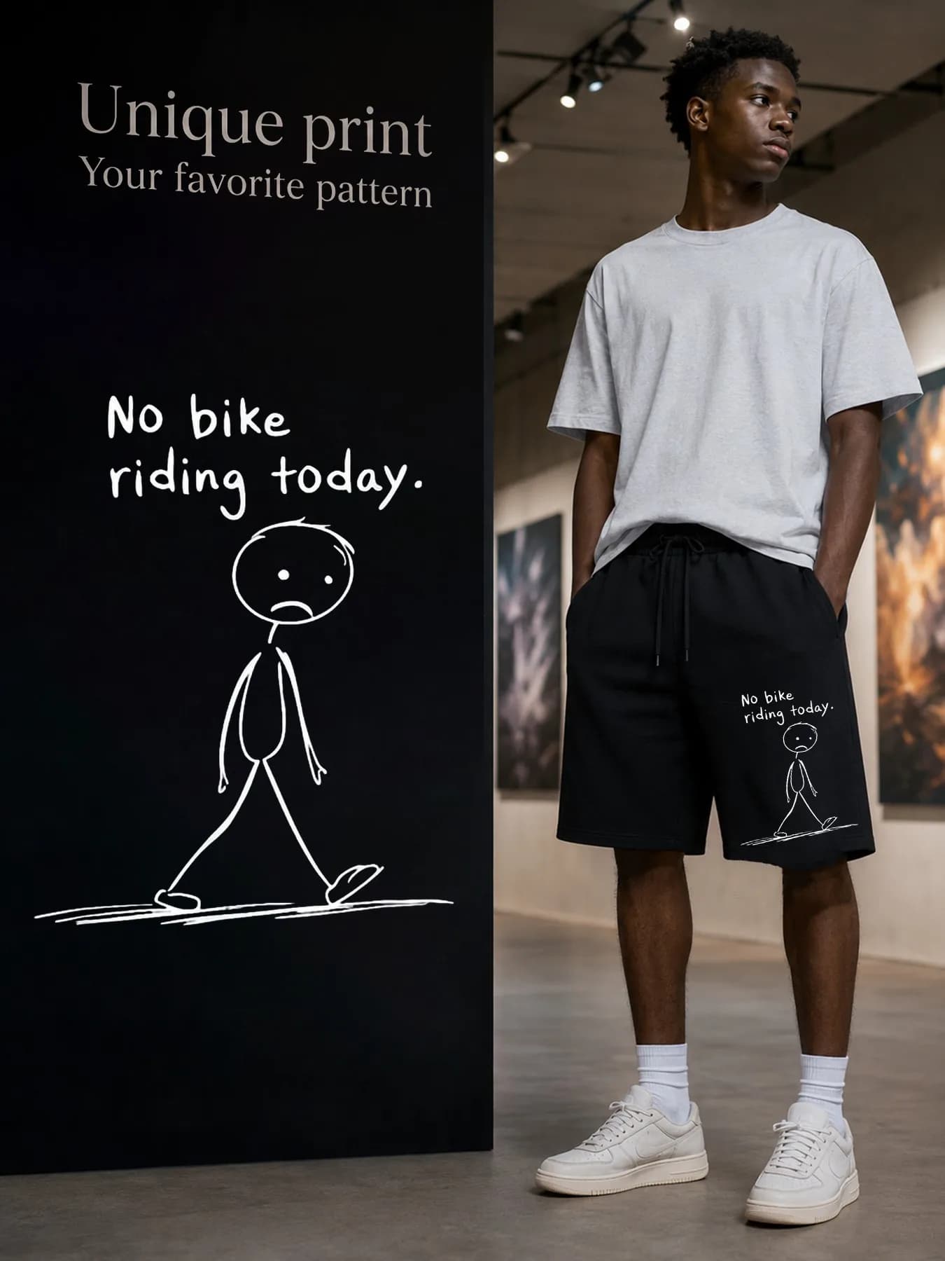 Men's Shorts with Sad Matchstick Figure Walking Pattern "not Driving or Cycling Today" Design Elastic Waisted Jogging Pants