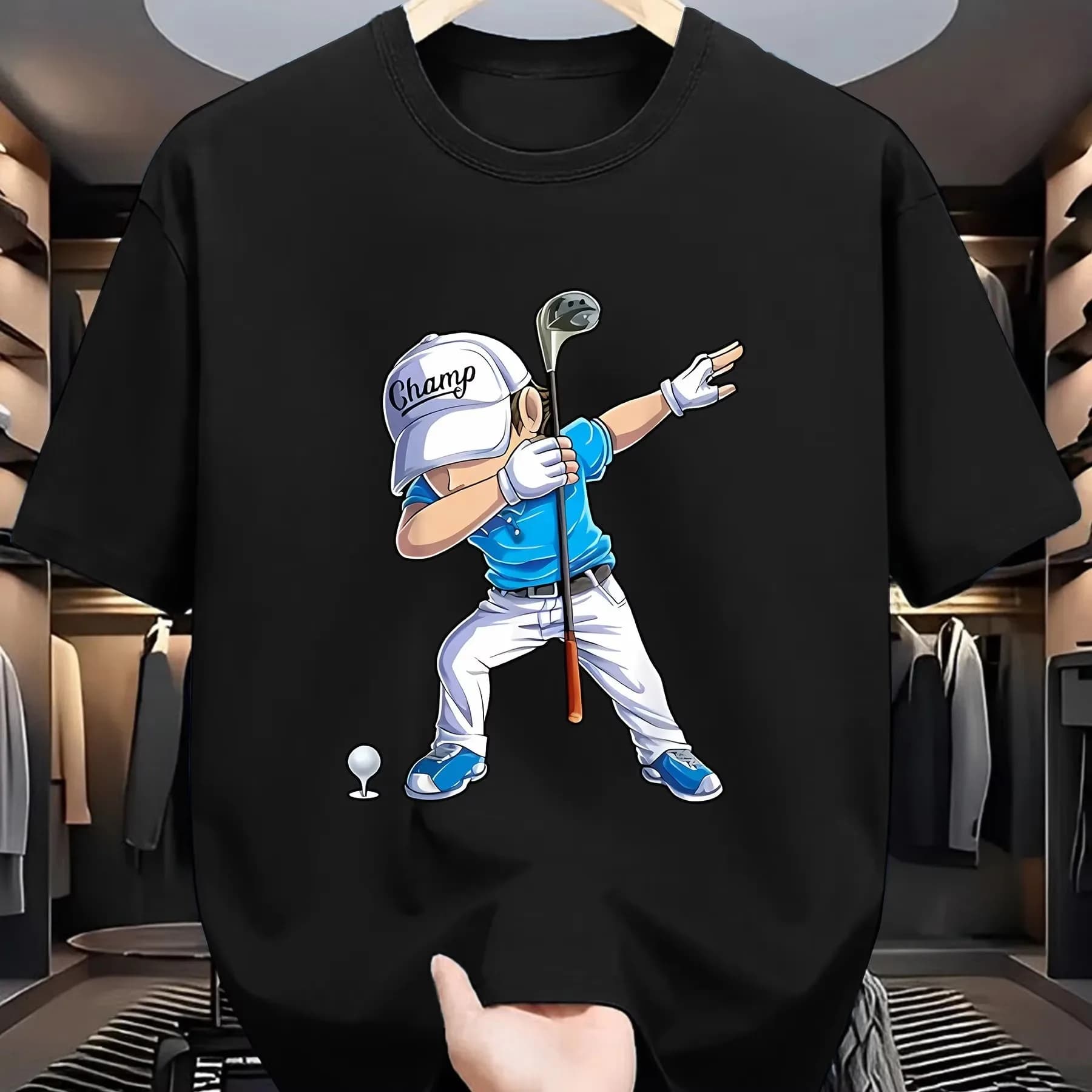 T-shirt da uomo in cotone con scollo rotondo e grafica cartoon di Dabbing Golf Champ, top casual a maniche corte