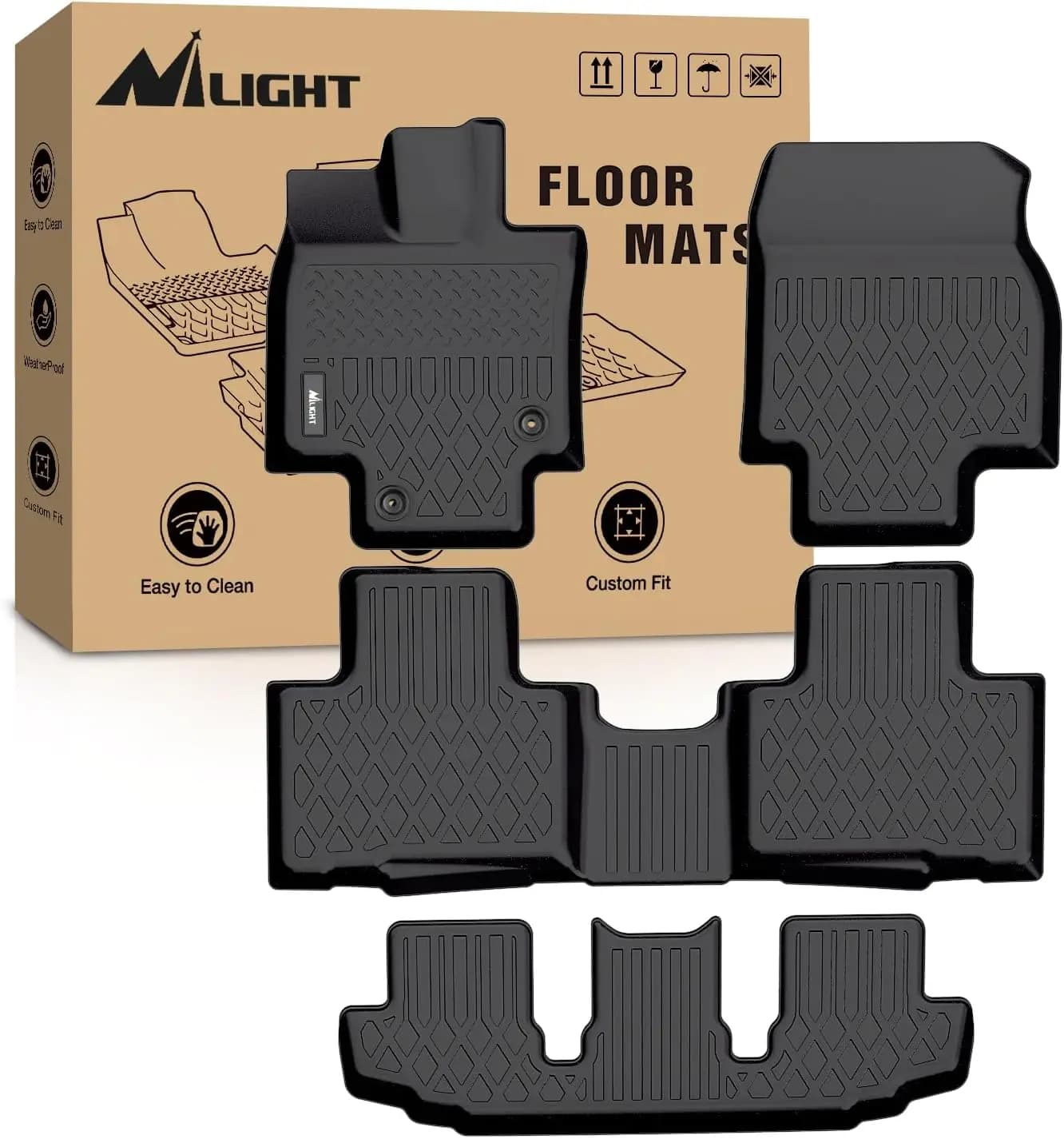 Nilight Custom Fit TPE Floor Mats All Weather Waterproof Car Floor Liners for Toyota Highlander 2014-2025 & Grand Highlander 2024-2025 Hybrid Heavy Duty Interior Protection