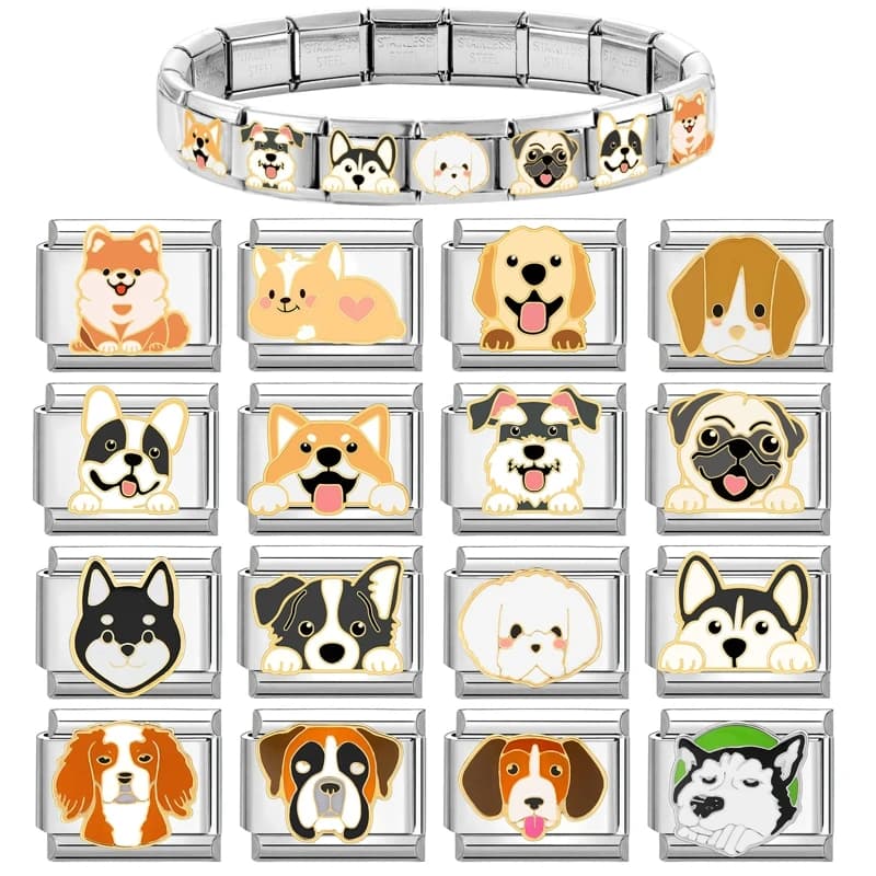 Simpatico Husky Corgi Border Collie Labrador Cane Animali Ciondoli italiani Collegamenti adatti Bracciale in acciaio inossidabile da 9 mm Creazione di gioielli fai da te Regalo